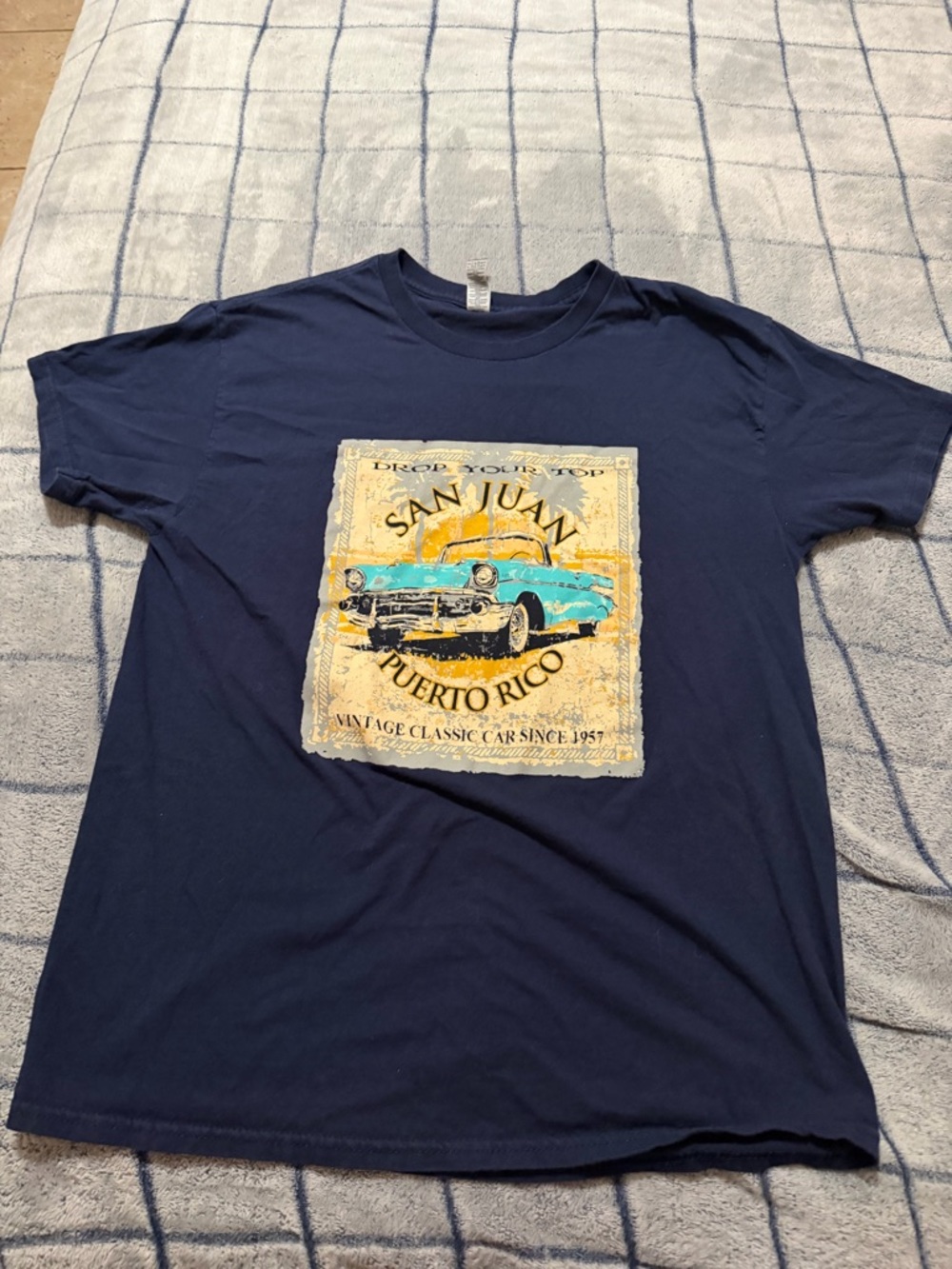 San Juan Puerto Rico Navy Graphic Tee - Vintage Car Design